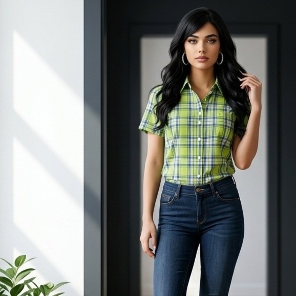 Dickies Women's Slim Fit Western Button Up Bright Green Plaid Rodeo Cowgirl Sz s